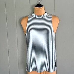 Blue White‎ Striped Ribbed Mock Neck Tank Top Small Nautical Coastal Preppy USA